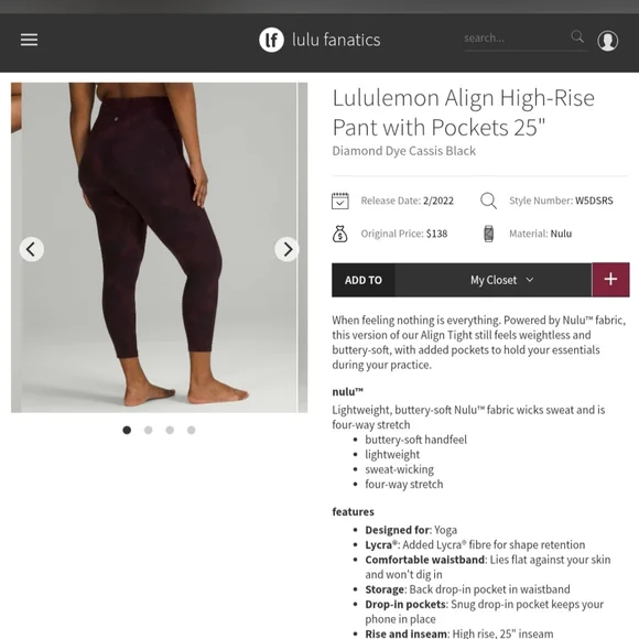 Lululemon Align HR Leggings With Pockets 25" W5DSRS 6 Diamond Dye Cassis Black - Picture 3 of 15